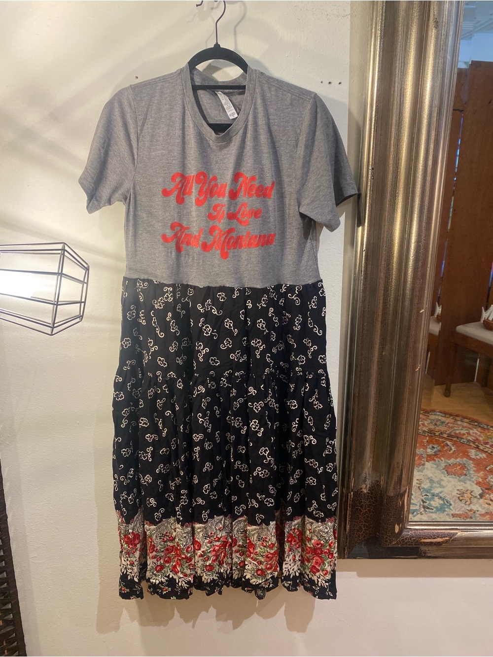 OOAK Upcycled All you Need is LoveGrey Graphic Tee Dress with Black Floral Skirt